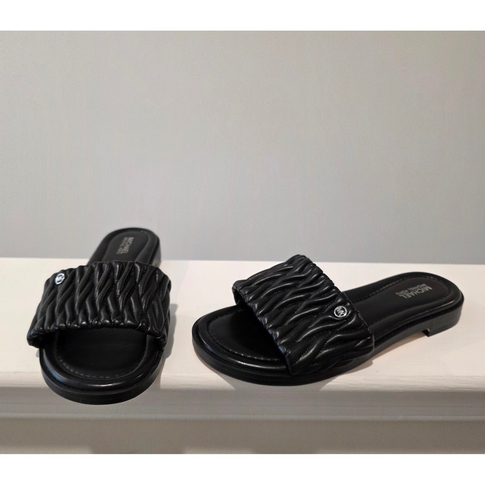 Women's sz 6 M Rare Michael Kors Carson Flat Slide Black Quilted Ruched Sandals